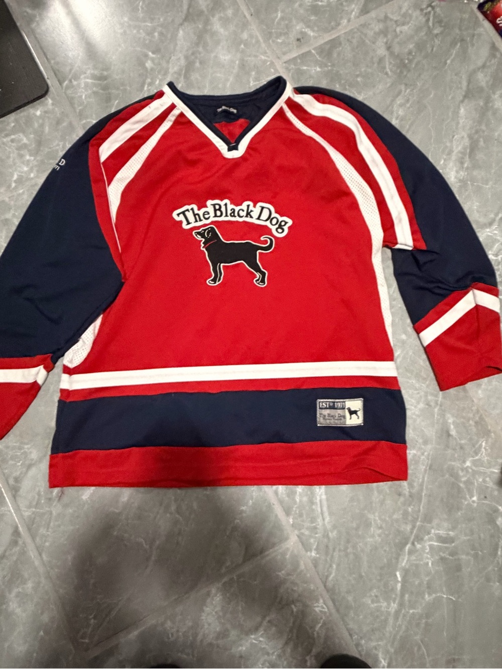 The Black Dog Kids' Red and Navy Hockey-Style Jersey